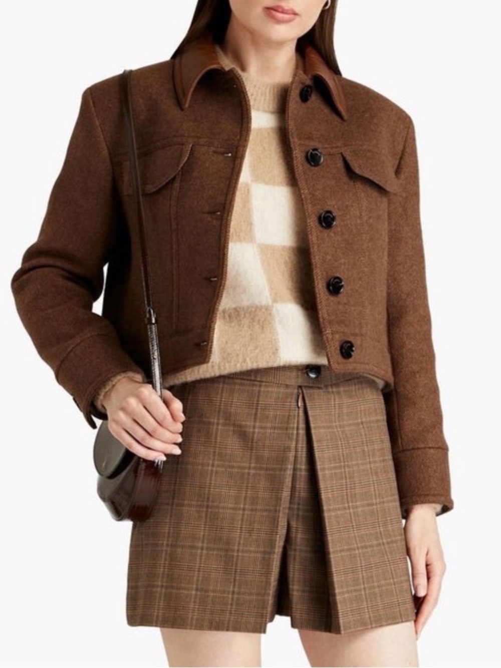 Sandro King Cropped Wool Twill Jacket Leather Collar - Picture 4 of 13